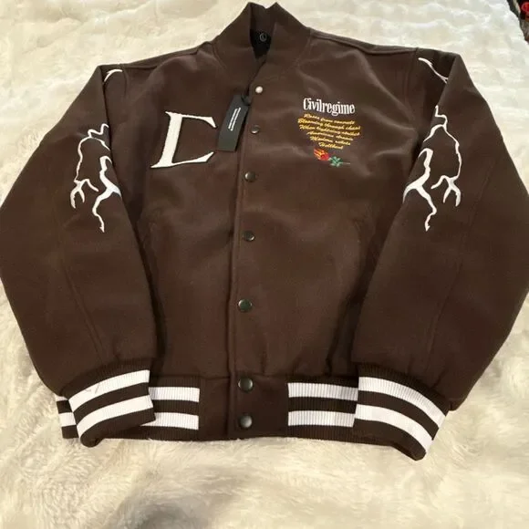 NWT civil regime, brown bomber varsity jacket size large - Picture 3 of 4